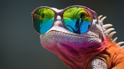A picture of a lizard wearing rainbow sunglasses.