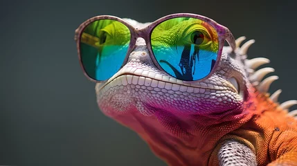 Fotobehang A picture of a lizard wearing rainbow sunglasses. © Nikola