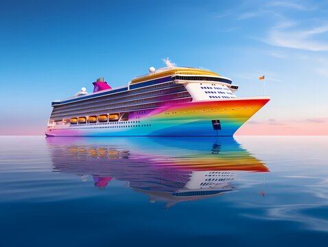  An image featuring a large cruise ship in rainbow colors, positioned in the middle of a serene blue ocean.