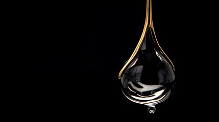 Capture the elegance of a single golden droplet of oil suspended against a deep black background.