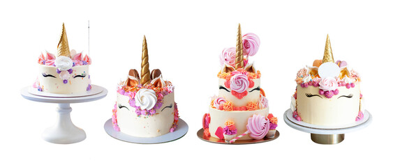 Collection of beautiful unicorn cakes with golden horns, eyelashes and cream cheese frosting isolated on white background, png