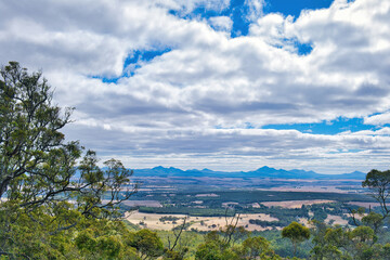 View of the Kalgan Plains and Stirling Range National Park from Porongurup, Western Australia. Agricultural valley with mountains in the background.
