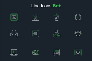 Set line Like heart, CD disk award in frame, Prohibition no video recording, Online play, Comedy theatrical mask, Actor star, Plus 16 movie and Cinema chair icon. Vector