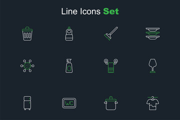 Set line Drying clothes, Cooking pot, Toilet, Refrigerator, Wine glass, Towel on hanger, Cleaning spray with detergent and Bacteria icon. Vector