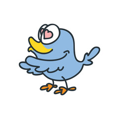 Funny doodle bird. Cartoon illustration of a blue bird with heart shaped eyes isolated on a white background. Vector 10 EPS.