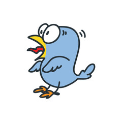 Funny doodle bird. Cartoon illustration of a scared blue bird isolated on a white background. Vector 10 EPS.