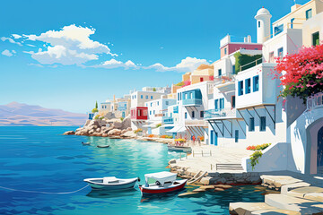 Fototapeta premium Beautiful island town in Greece. AI generated waterwashed illustration, painting style, whitewashed Cyclades Islands.