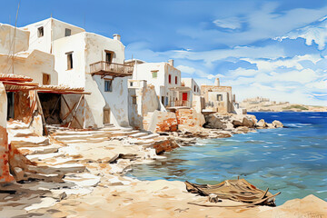 Beautiful island town in Greece. AI generated waterwashed illustration, painting style, whitewashed Cyclades Islands.