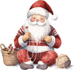 Watercolor Merry Christmas illustration Santa Claus.Knitted painting texture.