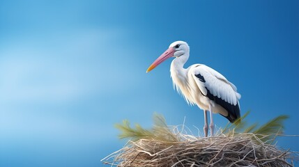 White stork in nest with copy space