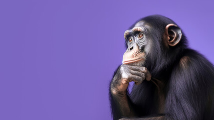 Surprised chimpanzee on a purple background - obrazy, fototapety, plakaty