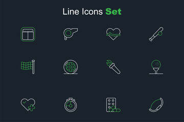 Set line Medieval bow, Sports doping with dumbbell, Stopwatch, Heart rate, Golf ball on tee, Torch flame, Car wheel and Checkered flag icon. Vector