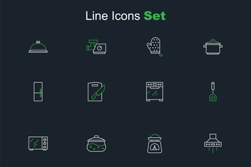 Set line Kitchen extractor fan, Scales, Cooking pot, Microwave oven, Spatula, Oven, Cutting board and knife and Refrigerator icon. Vector