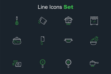 Set line Cooking pot on fire, Fried eggs frying pan, Frying, Kitchen meat grinder, Measuring cup and bowl, colander, Meat chopper and icon. Vector