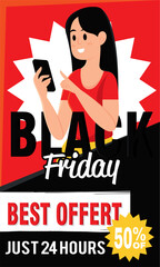Girl shopping on mobile phone Black friday poster Vector