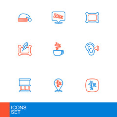 Set line Sleepy, Window with curtains, Earplugs and ear, Pillow, Chamomile tea, and icon. Vector