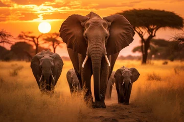 Fotobehang Herd of elephants in the savanna at sunset © Veniamin Kraskov