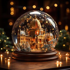 Christmas glass ball with a fairytale palace, fir trees and snow. 