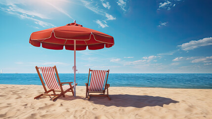 Pair of red sun loungers and a beach umbrella on a deserted beach perfect vacation concept