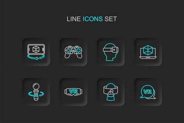Fototapeta premium Set line Virtual reality, glasses, VR controller game, 3d modeling, Gamepad and icon. Vector