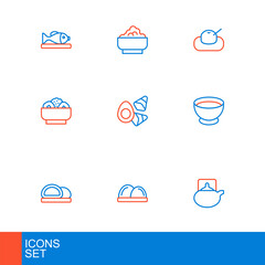 Set line Traditional tea ceremony, Sushi, Soy sauce in bowl, Chow mein plate, Chicken egg with vegerables, Mochi and Rice icon. Vector