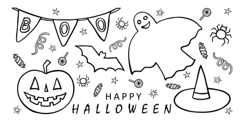 Set of cute Halloween pumpkin, ghost, bat, spider, witch hat and candies. Black line drawing sketch on white in doodle style. Vector illustration for traditional decoration, baby holiday design.