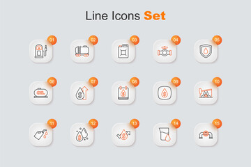 Set line Oil pipe with valve, petrol test tube, price increase, drop dollar symbol, Canister for motor machine oil, pump pump jack, and icon. Vector