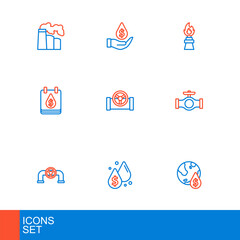 Set line Oil drop with dollar symbol, pipe valve, rig fire and icon. Vector