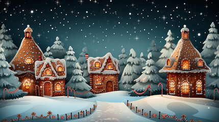 Christmas background for text copy with houses with gingerbread cookies and Christmas trees - obrazy, fototapety, plakaty