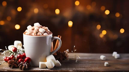 Foto auf Acrylglas Mug of hot cocoa with marshmallows on the background of Christmas lights © Наталья Дацко