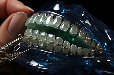 dentures. Full denture, front view. Conceptual photo of dentistry. Orthopedic dentistry. Artificial teeth