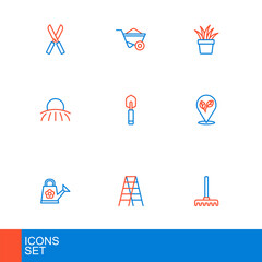 Set line Garden rake, Wooden staircase, Watering can, Location with leaf, Sunrise, trowel spade or shovel, Plant pot and Wheelbarrow icon. Vector