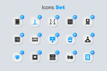 Set Comedy and tragedy masks, VHS video cassette tape, Movie trophy, Drama theatrical, CD disk award in frame, Actor star, Play and Online play icon. Vector