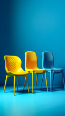 Bright blue and yellow chairs, generative AI.