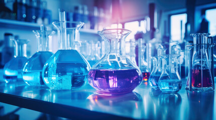 Chemical reagent bottles, scientific experiment bottles of various shapes, sizes on the table. Generative AI