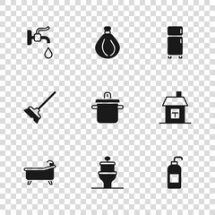 Set Toilet bowl, House, Antibacterial soap, Cooking pot, Refrigerator, Water tap, Garbage bag and Mop icon. Vector