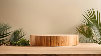 background for displaying product with wooden podium and palm leaves behind