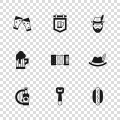 Set Bottle opener, Oktoberfest hat, Hotdog sandwich, Accordion, man, Glass of beer, Street signboard with and Wooden mug icon. Vector