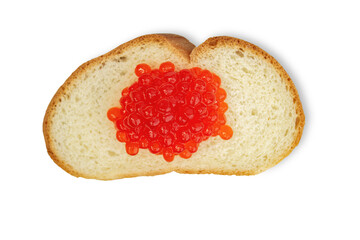 Artificial red caviar lies on a piece of white bread. Isolation on a transparent background.