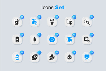 Set Solar energy panel, Tree, Apple, Eco nature leaf battery, Shield with, Electrical outlet, Petrol or gas station and Recycle symbol icon. Vector