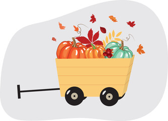 Autumn postcard. Trailer with pumpkin harvest. High quality vector illustration.