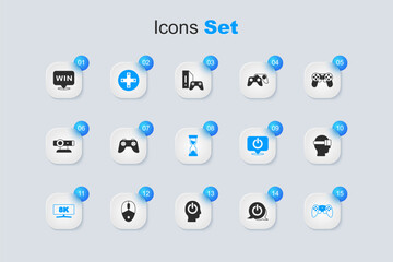 Set Power button, Game controller or joystick, Computer monitor, Virtual reality glasses, Medal and Old hourglass icon. Vector