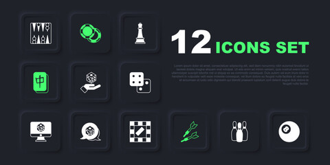 Set Bowling pin, Billiard pool snooker ball, Game dice, Dart arrow, Mahjong pieces, Casino chips and Board game icon. Vector