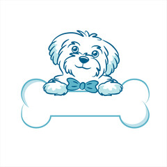 Cute puppy boy holding a bone, hand drawn vector illustration. Vector illustration for logo, banner.