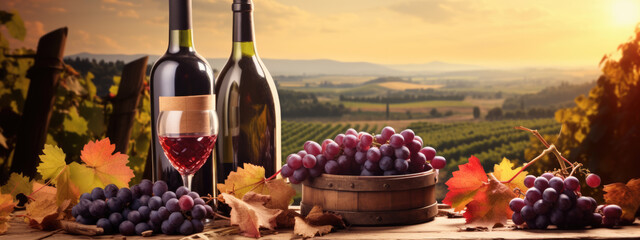 Glass Of Wine With Grapes On Wooden Background
