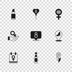 Set Champagne bottle, Woman shoe, Flower, 8 March, International Women Day, Lipstick, Balloons with and Female gender symbol icon. Vector
