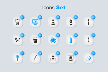 Set Paint spray, bucket, Computer with design program, brush, Eraser or rubber, Pencil eraser, Wood easel and icon. Vector