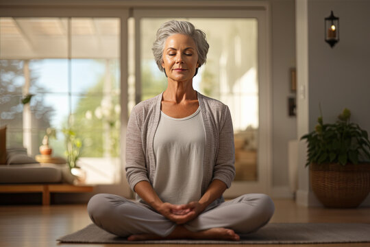 Se&ntilde;ora mayor de 60 a&ntilde;os jubilada con pelo blanco, haciendo yoga y meditacion en casa