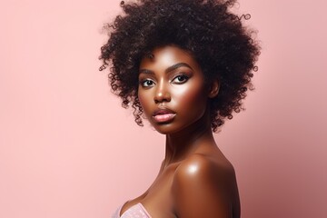 Beautiful african american woman with perfect skin on pink background.Generative Ai