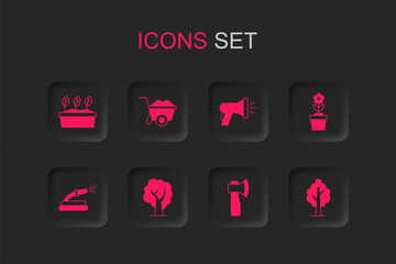 Set Tree, Wheelbarrow, Plant in pot, Wooden axe, Flower, Garden hose and icon. Vector